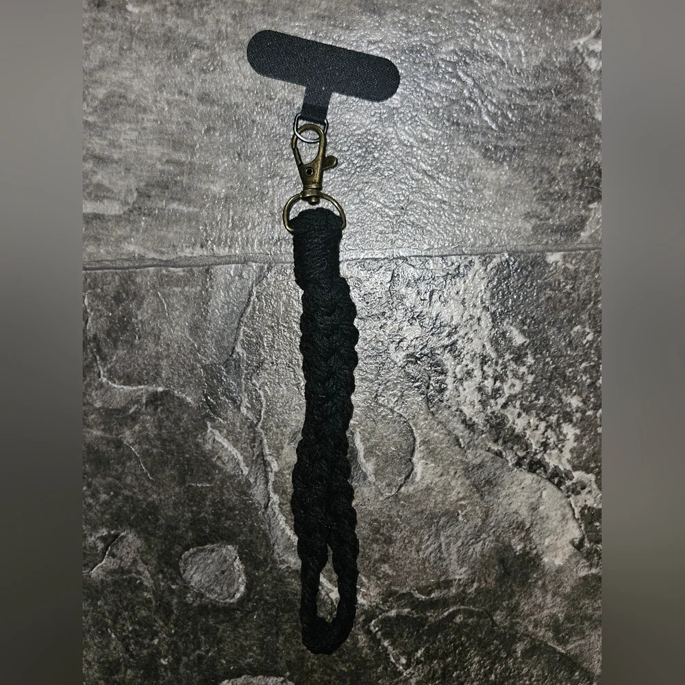 Boho Macrame Phone Wrist Strap/ Cell Phone Lanyard with Tether Tab In Black